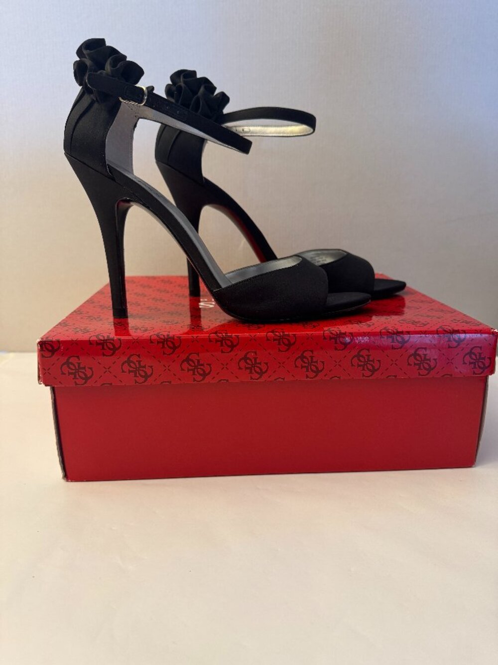 GUESS by Marciano Sasina Black Satin Ruffle Ankle Strap Stiletto Heels Size 8M